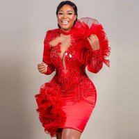 Customized Sexy Deep V-ball Dress Red Aso Ebi Plus Size High Neck Tassel Sequins Ruffle Edges Fluffy Cocktail Party Dress