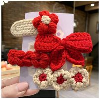 4Pcs Cute Knit BB Hair Clips, Handmade Flower Border Clips,Bow Bang Clips for Kids,Suitable for Chrismas Festival Celebration