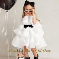 Meadow White Tulle Princess Girls Dress Round Neck Sleeveless First Communion Gown with Bow Children Birthday Wedding Dresses