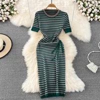 Retro Style Striped Dress Women Fashion Summer O Neck Dress Casual Short Sleeve Slim Drawstring Ruched t Long Maxi Dress