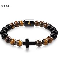 26 Letters Initial Cross Bracelets Handmade A-Z Name Bracelet Natural Tigers Eye Bracelet for Women Men Friendship Jewelry Gifts