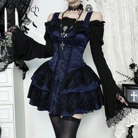 Victorian Gothic 2Pcs Dress Set Cold Shoulder Flare Lace Trim Shrug Blue Brocade Lace Corset Tiered Ruffle Mini Dress