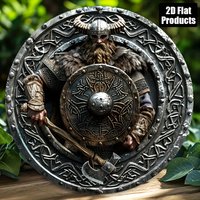 High-definition Metal Tin Sign - Viking Warrior with Axe & Shield Norse Runes Round Wall Art, Medieval Scandinavian Themed Decor