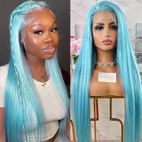 AIMEYA Light Blue Long Straight Wig Synthetic Hair 13x4 Glueless Lace Front Wigs Heat Resistant Wig Silky Straight Blue Hair