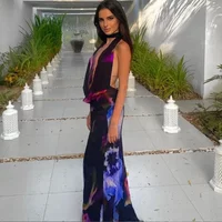 Fashion Sexy Sleeveless V Neck High Waist Halter Party Cocktail Maxi Dress Women Elegant Print Corset Evening Dress