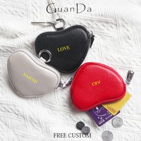 Custom Name Lovely Heart Coin Purse Engrave Logo Genuine Leather Luxury Fashion Card Wallet Key Ring Zipper Couple Wedding Gift
