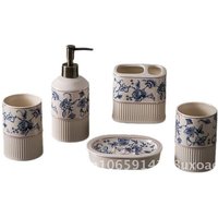 Antique Blue Flower Ceramic Bathroom Five-Piece Set Vintage Style Toilet Supplies for Wedding Housewarming Birthday Festival