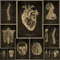 (2D canvas painting) Heart/Skull/Brain Kraft Paper Poster Chalkboard Anatomical Skeleton Vintage Home Room Medicine Decor Me