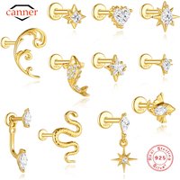 CANNER 1PC Smooth Gothic Serpentine 925 Sterling Silver Flat Head Piercing Ear Bone Nail Ins Geometric Earring Jewelry Gift