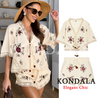 KONDALA Women Chic Holiday Shorts Drawstring Set Floral Embroidery V-Neck Shirt Top Shorts New Fashion 2026 Summer Beach Set