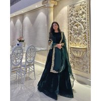 Customized Anarkali Kurti Hunter Green Velvet Prom Dresses with Warp Muslim Long Sleeve Lace Shaadisaga Caftan Kaftan Arabic
