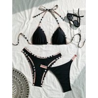 2026 Women Check Print Tie Side 3 Piece Bikini Set Black Triangle Swimsuit Sexy Push Up Tummy Control Beach Vacation Thongs Set