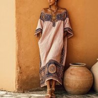 New Summer Casual Vacation Dress Ethnic Sexy Off Shoulder Hollow Out Long Dress Woman Geometric Print Pocket Loose Maxi Dress