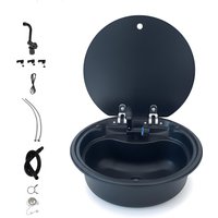 RV Round Sink with Cover Black Stainless Steel with Mixer Tap Water Faucet and Drain for Campervan, Motorhome,Yachts, etc.