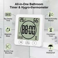 IP24 Waterproof Temperature Humidity Sensor with Backlight LCD Large Screen Suction Cup Wall Clock Timer for Shower Cooking