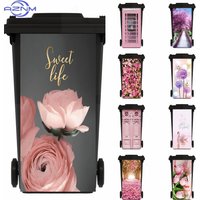 Waterproof Removable Flowers Trash Can Stickers Pink Natural Scenery Flower Line Self-Adhesive Mural Decal Home Kitchen Decor