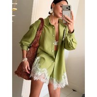 Chic Lace Patchwork Shirt Set Lapel Single Breasted Long Loose Blouse Short Pant With Lace Casual Summer Streetwear Outfit