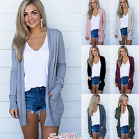 Neue Frauen Fashion Solid Langarm Feste Beiläufige Herbst Winter Medium Lange Tasche Strickjacke S-5Xl Mehrfarbig Große