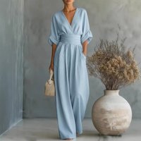 Women Jumpsuit Print Half Sleeve V Neck Loose Wide Leg Pants Overalls Elegant Casual One Piece Romper Spring Summer Office Lady