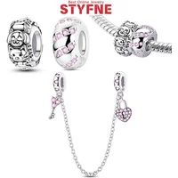 Silver-Plated Pink Crystal Key Dangle Charms Beads Fit Original Bracelets Bag Keychain Charm Bead Pendant Diy Women Jewelry Gift