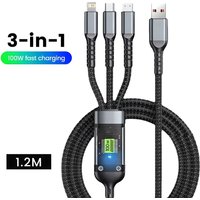 100W 3 in 1 Type C Cable Digital Display PD Fast Charging Cable USB C 3 in1 For iPhone iPad MacBook Xiaomi Samsung Huawei