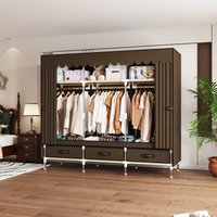 Portable wardrobe with 3 hanging rods and 6 storage racks - reinforced alloy steel frame, easy to assemble, canvas curtain cover
