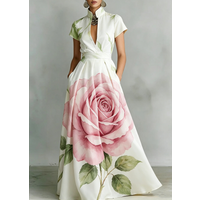 Women's Elegant Maxi Dress Stand Collar Big Watercolor Single Rose Print Short Sleeve Pocket Summer Everyday Vacation Outfit