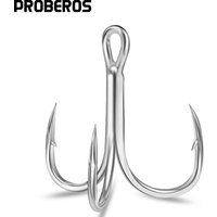 PROBEROS 50PCS Saltwater Fishing Hook 14#-3/0# Anti-rusty Treble HooksTin Color Fishhooks 3X High-Carbon Steel High Strength