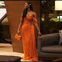 Black Girls Long Evening Gowns African Women Formal Occasion Party Dress Vestidos Orange Lace Off The Shoulder Prom Dresses