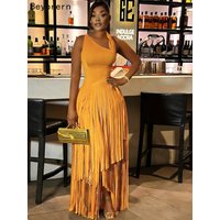 Beyprern Sexy Yellow Tassel Details Maxi Dress Women Summer Solid 2026 Sleeveless Long Dresses Bodycon Vestidos Female Clothing