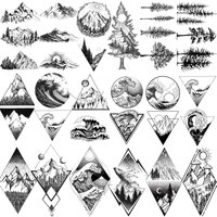 18 Sheets Geometry Mountain Temporary Tattoos For Men Women Adults Fake Waves Tattoo Sticker Black 3D Pine Tree Tatoos Triangle