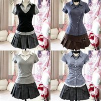 Y2K Harajuku Retro Sweet Two Piece Set Women's Clothes Fashion Plaid Short Sleeve Shirt High Waist Pleated Skirt Hot Girl Summer