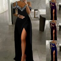 Elegant Off-Shoulder Spaghetti Strap Evening Dress Midi Skirt with Belt Women's Short Sleeve Slim Fit Dress for Wedding And B...