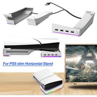Horizontal Game Console Base Stand Holder with 14 Light Mode and 4 USB Hubs Game Console Desk Stand Storage Rack for PS5 Slim