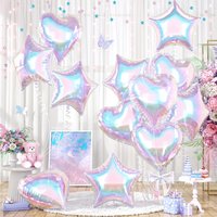 10pcs 18" Iridescent Heart & Holographic Clear Star Foil Balloons - Birthday, Baby Shower, Wedding, Mermaid & Frozen Party Decor
