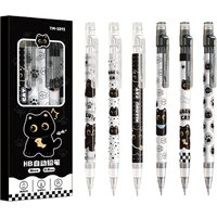 6pc Cute automatic pencil with eraser, 0.5mm lead, featuring a cartoon black cat design, suitable for students, boys, and women.