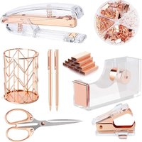 Complete Office Supplies Set -Acrylic Stapler Tape Holder Pen Holder Ballpoint Pens Scissors Binder Paper Clip Staples