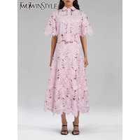 TWOTWINSTYLE Solid Slimming Two Piece Sets for Women Lapel Short Sleeves Spliced Single Breasted Top High Waist Skirt Femlae New