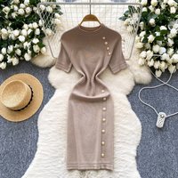 Elegant Vestidos Solid Korean Vintage High Waist Women Dress Bodycon Sexy Stretch Knitted New Summer Dresses Chic