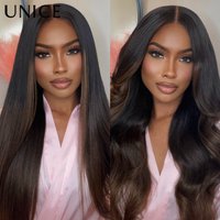 Perruque UNice sans colle, prête à porter, avec bonnet antidérapant, 7x5 Lace, châtain ombré, Yaki lisse, avec cordon de serrage, 100% cheveux humains