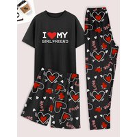 Men's pajama set of 3 pieces, heart-shaped printed shorts, pants and a top print of "I Like My Girlfriend"