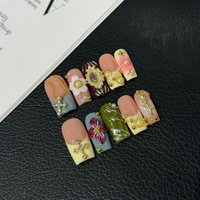 10pcs Sweet Cool Hot Girl Press on Nails 3D Embossed Flower False Nails Broken Diamond Pearl Nail Art French Square Fake Nails