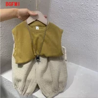 1-9 Y Korean Baby Toddler Boys Girls Soft Thin Casual Short Sleeves + Shorts Set Boy Cotton and Linen Breathable Plaid 2pcs Suit