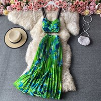 Beach Vaion Floral Print Strapl Vest Top Svel Two-Piece Set Ele Pleated Maxi Skirt Wide Hem Long Dr
