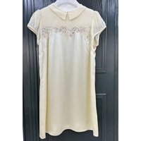 2026 Women Lace Patchwork Dress 100% Silk Turn-down Collar Short Sleeve Solid Color Fashion Ladies Mini Robe