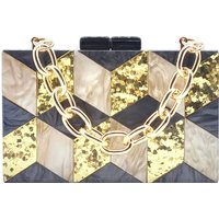 New Stylish Handbag Black Golden Glitter Rhombus Acrylic Evening Clutch Purse Luxury Party Dinner Chain Shoulder Bag Mini Wallet