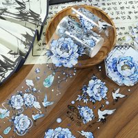 7cm*2m Blue and White Porcelain PET Washi Tape Peony Transparent Roll Stickers Decorative Adhesive Tape ForScrapbooking Journal