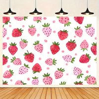 A huge strawberry-background flag - vibrant pink strawberries and green leaves, with strawberry decoration