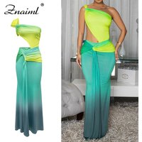 Znaiml Chic One Shoulder Ruched Cut-Out Gradient Green Maxi Dress Womens Hollow Out Birthday Party Gowns Vacation Prom Vestidos