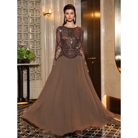 TOLEEN New Elegant Women's Long Sleeve Beaded Detail Formal Dress, Suitable For Formal, Parties, Brown Dress With Party Wedding